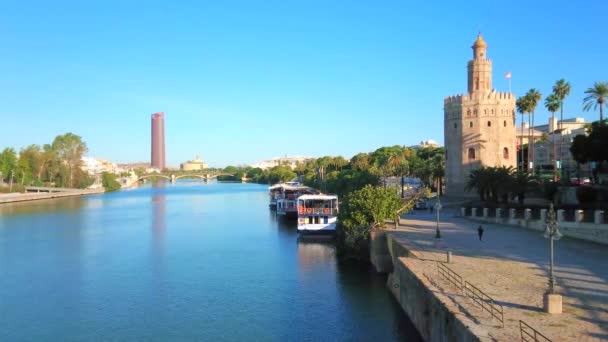 Sevilla Spanien Oktober 2019 Guadalquivir Fluss Casco Antiguo Bezirk Mittelalterlicher — Stockvideo