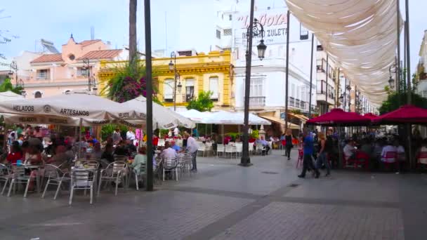Sanlucar Spain September 2019 Crowded Outdoor Terraces Popular Restaurants Shopping — стокове відео