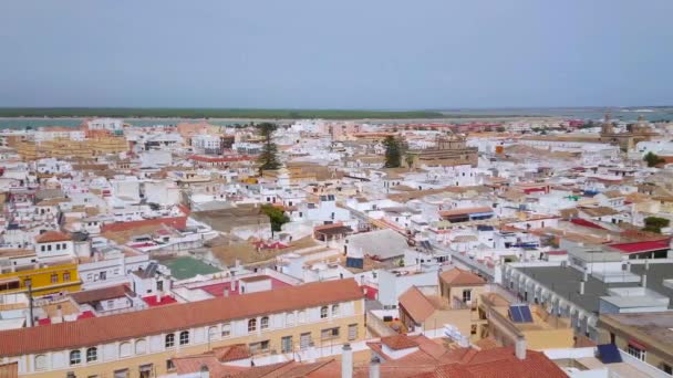 Aerial Cityscape Sanlucar Town Sherry Triangle White Houses Tile Rofs — 비디오