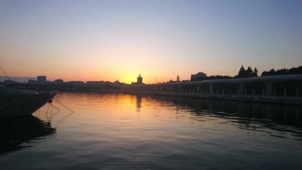 Malaga Spanje September 2019 Zonsondergang Panorama Van Malaga Haven Met — Stockvideo