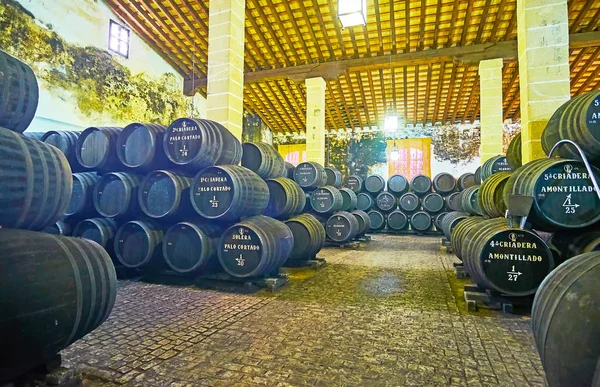 The black casks with Sherry wine, Jerez, Spain — Stock Photo, Image