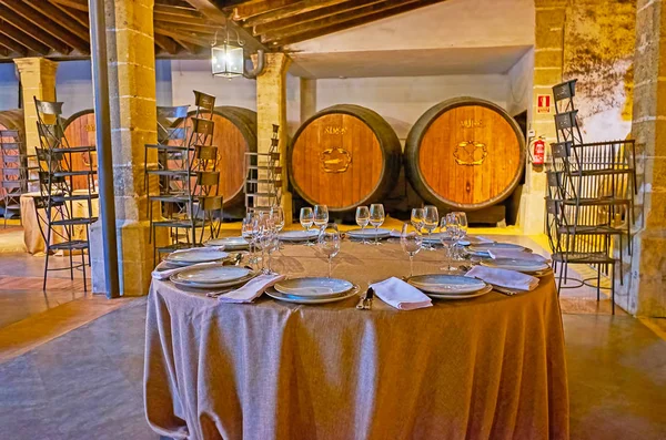 The dinner in Bodega Los Apostoles, Tio Pepe, Jerez, Spain — Stock Photo, Image