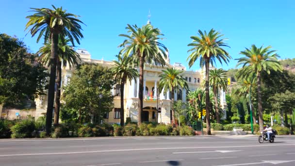 Malaga Spagna Settembre 2019 Scenografico Edificio Del Municipio Fronte Viale — Video Stock