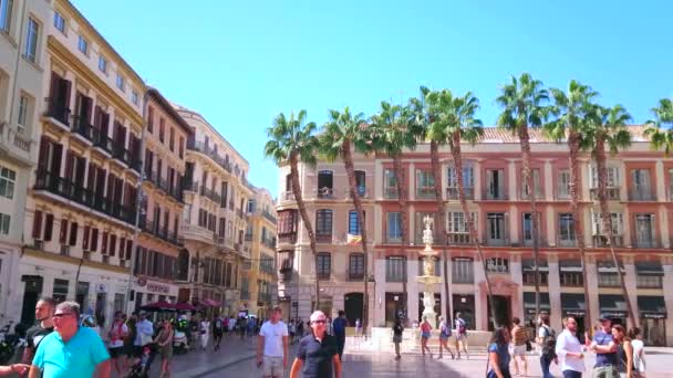 Malaga Spanien September 2019 Panorama Constitution Square Fantastisk Genua Fontän — Stockvideo