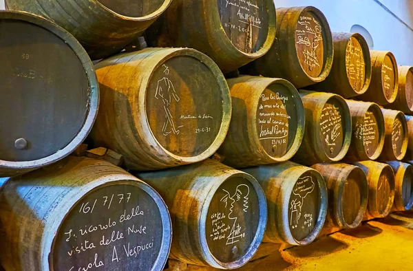 The casks with inscriptions, Bodegas Tio Pepe, Jerez, Spain — Stock Photo, Image