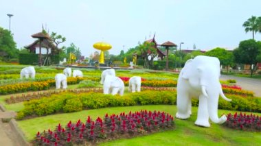Chiang Mai, Tayland - 7 Mayıs 2019: Kraliyet Rajapruek Parkı 'nın çiçek tarlaları arasında koşan beyaz fillerin heykelleri, 7 Mayıs' ta Chiang Mai 'de, arka planda altın ağacı görmektedir.