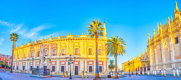 Panorama of historical edifices of Seville, Spain