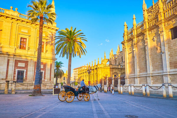 The tourist carriage rides in old town of Seville, Spain