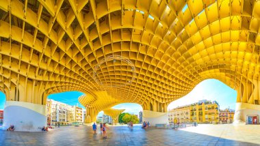 Panorama of the walking area under Metropol Parasol in Seville, 