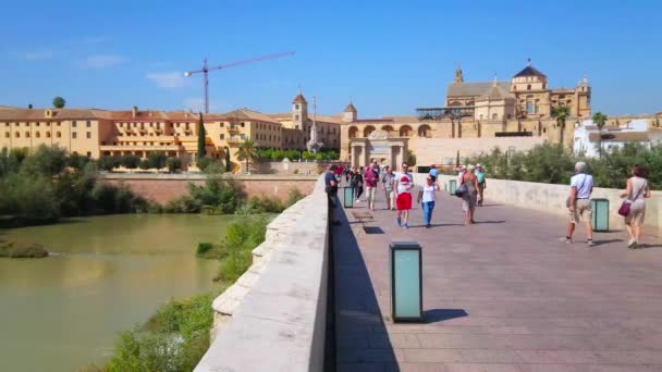 Cordoba Spain September 2019 Walk Antique Roman Bridge Watch Mezquita — Αρχείο Βίντεο