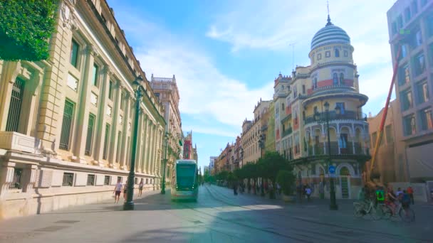Seville Spain October 2019 Modern Train Rides Constitution Avenue View — Wideo stockowe