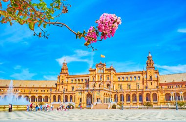 Sevilla 'daki Plaza de Espana bahçesinde çiçek açıyor.