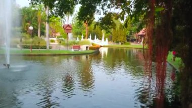 Banyan ağacının hava kökleri, yeşil çimenler ve Buak Hard halk parkındaki çeşmenin çevresindeki yemyeşil tropik yeşillik, Chiang Mai, Tayland
