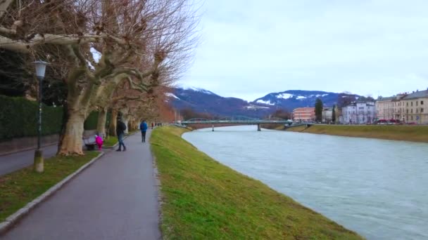 Salzburg Austria March 2019 Elisabeth Embankment Opens View Salzach River — Stockvideo