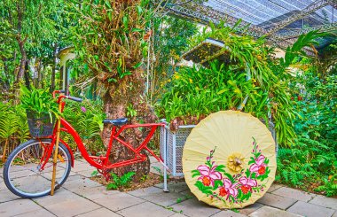 Rajapruek parkının orkide köşkü çiçek saksıları ve bisiklet arabasında büyük sepetle süslenmiştir, Chiang Mai, Tayland