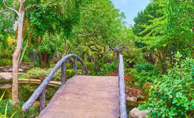Rajapruek Park, Chiang Mai, Tayland 'daki küçük köprüde yürüyün.