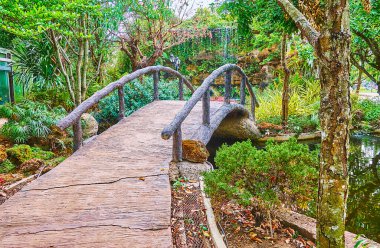 Rajapruek Park 'ın gölgeli orkide bahçesindeki derenin karşısındaki küçük köprü, Chiang Mai, Tayland