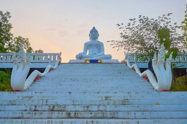 Çok başlı Naga yılanları, Beyaz Buda 'nın Mae Yen Tapınağı, Pai, Tayland' daki Wat Phra 'nın merdivenlerini koruyorlar.