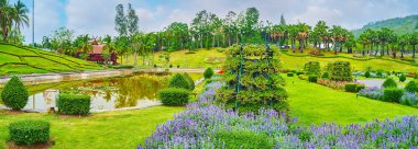 Rajapruek Park Çimenleri, Gölet, Kesilmiş ağaçlar ve Parlak Süslü çiçek yatakları, Chiang Mai, Tayland