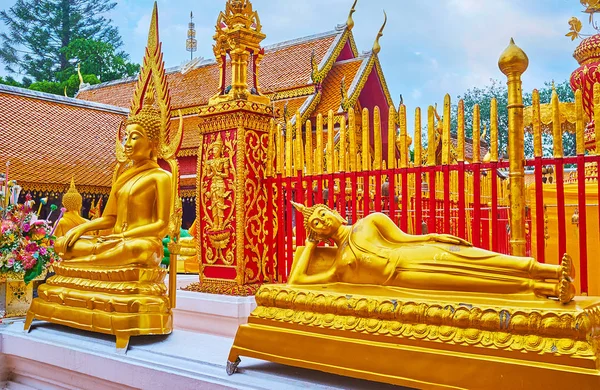 Die Goldenen Skulpturen Liegender Buddha Und Buddha Die Die Erde — Stockfoto