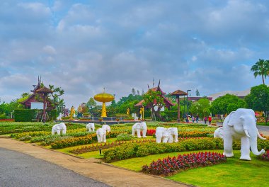 Chiang Mai, Tayland - 7 Mayıs 2019: Rajapruek parkındaki çiçek tarlaları arasında bulunan beyaz fil heykelleri, arka planda altın ağaç kurulumu, 7 Mayıs 'ta Chiang Mai