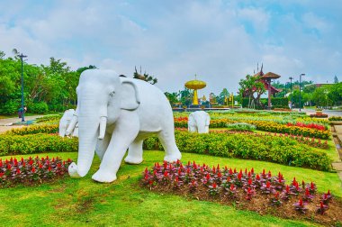 Chiang Mai, Tayland - 7 Mayıs 2019: Rajapruek parkının çimlerini 7 Mayıs 'ta Chiang Mai' de beyaz filler dekore eder.