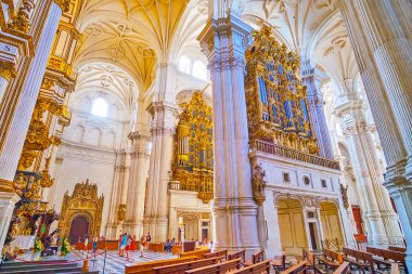 GRANADA, SPAIN - SEPTEMBER 25, 2019: Interior of Incarnation Cathedral with airy white walls, stucco decors on vault, old organs on wall and slender columns, on September 25 in Granada