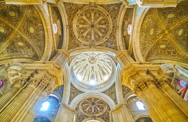 GRANADA, SPAIN - SEPTEMBER 27, 2019: The masterpiece stone inner domes of Sagrario (Sacred Heart) church decorated with fine carved patterns, on September 27 in Granada