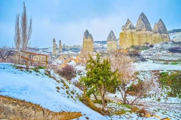 독특하고 터키의 카파도키아에 바위들 공원의 겨울철 — 스톡 사진