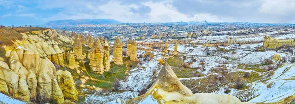 Enjoy Top View Yellow Fairy Chimney Rocks Snowy Valley Huge — Stock Photo, Image