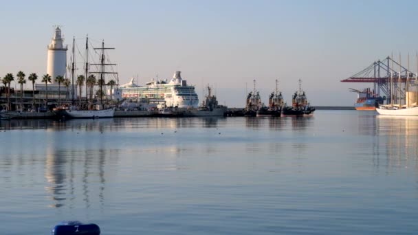 Temprano Mañana Puerto Con Vistas Superficie Aguas Cristalinas Faro Farola — Vídeos de Stock