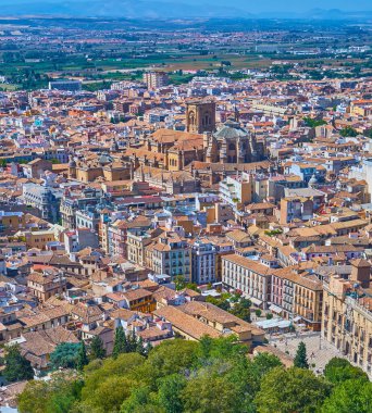 Plaza Nueva Meydanı, Calle Reyes Catolicos Caddesi, eski kiremit çatıları ve İspanya 'nın Gotik Katedrali ile Granada şehir merkezinin en üst manzarasının tadını çıkarın.