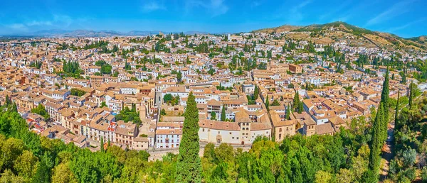 Alhambra Nın Yüksek Kuleleri Tarihi Albaisin Sacromonte Bölgeleriyle Eski Granada — Stok fotoğraf