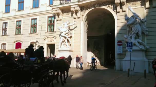 奥地利维也纳 2019年2月17日 2月17日 在维也纳 古典马拉车穿过霍夫堡王宫大门 装饰着令人惊叹的雕像和石膏细节 — 图库视频影像