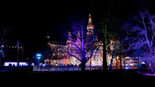 奥地利维也纳 2019年2月18日 2月18日 在维也纳Rathauspark的树上可以看到Rathaus 市政厅 和溜冰场五彩斑斓的灯光 — 图库视频影像