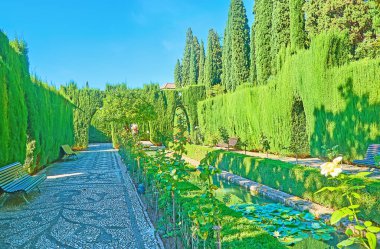 GRANADA, SPAIN - 25 Eylül 2019: 25 Eylül 'de Granada' da, çakıl taşları desenli Generalife Bahçesi sokağı, güller, çalı kamışları ve selvi ağaçları, sulama hendeği