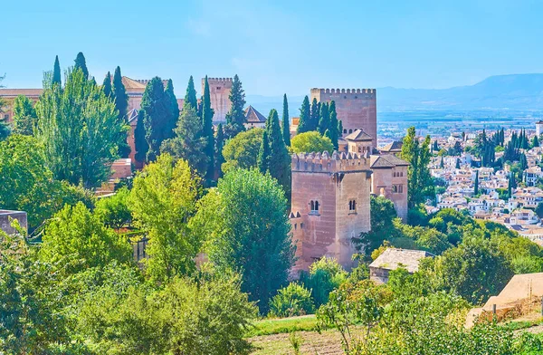 Observa Las Torres Medievales Alhambra Con Almenas Muralla Desde Ladera — Foto de Stock