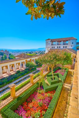 Genelkurmay, Alhambra, Granada, İspanya 'daki Veranda sulama hendeği' nin terasında renkli çiçek tarlaları ve bitkiler.
