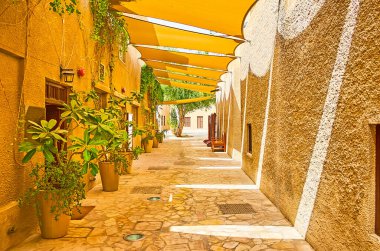 Al Fahidi historical district or Al Bastakiya is famous for the maze of narrow streets with clay housing, plants in pots, stone floor and small yards, Dubai, UAE clipart