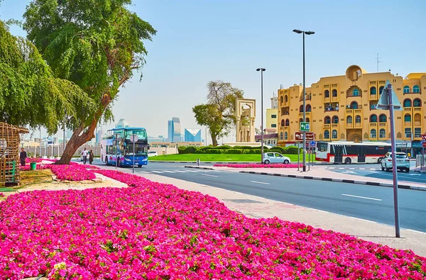 Dubai Uae March 2020 로터리에는 바이에서 과밝은 분홍빛 페튜니아 꽃밭이 — 스톡 사진