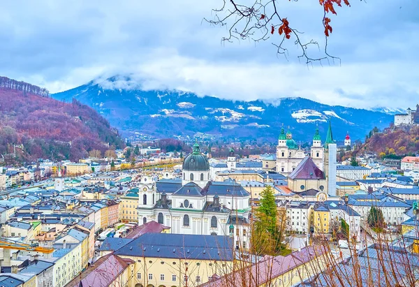 Vista Aérea Distrito Más Antiguo Altstadt Salzburgo Con Increíbles Iglesias — Foto de Stock