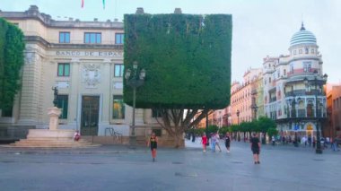 SEVILLE, SPAIN - 29 Eylül 2019: İspanya Bankası binası, ağaç ağaçları ve Adriatica Yapısı ile San Francisco meydanı topluluğu, 29 Eylül 'de Seville' de görüldü.
