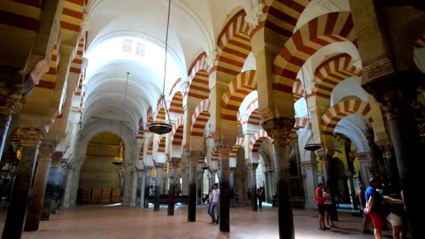 Cordoba Spain September 2019 Mezquita Catedral 清真寺 大教堂 于9月30日在科尔多瓦拥有令人印象深刻的低矮风格大厅 有摩尔风格的双拱廊和古柱 — 图库视频影像