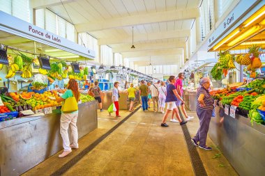 CADIZ, SPAIN - SEPTEMBER 24 Eylül 2019: Mercado Central de Abastos pazarı 24 Eylül 'de Cadiz' de taze meyve sebze veya çiğ balık satın alan müşterilerle dolu olan şehir merkezidir.