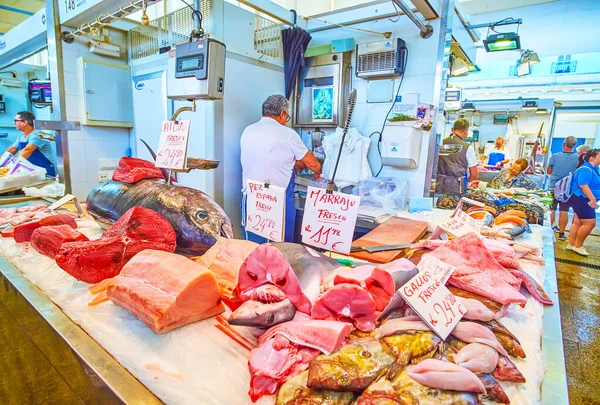 Cadiz Espanha Setembro 2019 Grande Mesa Mercado Central Abastos Com — Fotografia de Stock