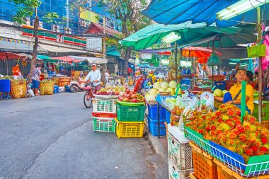 BANGKOK, THAILAND - 13 Mayıs 2019: Mahanak Meyve Pazarı 'nın tezgahları, 13 Mayıs' ta Bangkok 'ta Rambutan, Pitaya (ejderha meyvesi), Jackfruit, manila tamarind, mango gibi çeşitli egzotik meyvelerle övünürler.