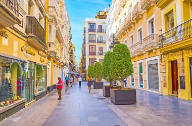 CADIZ, İspanya - 23 Eylül 2019: Cadiz 'de moda mağazaları, açık kafeler, barlar ve turist dükkanları ile kalabalık Calle Nueva caddesi