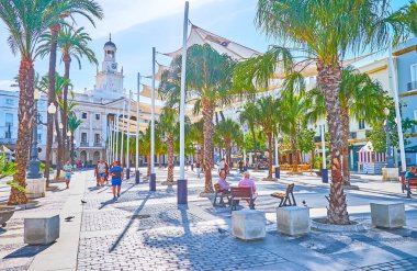 CADIZ, SPAIN - 23 Eylül 2019: The Plaza de San Juan de Dios Meydanı, gür palmiye ağaçları, banklar, arka planda Belediye Binası 'nın güneşliği, 23 Eylül' de Cadiz 'de