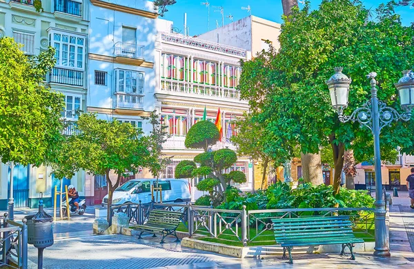 Cadiz Spanien September 2019 Den Gamla Plaza Candelaria Torget Dekorerad — Stockfoto