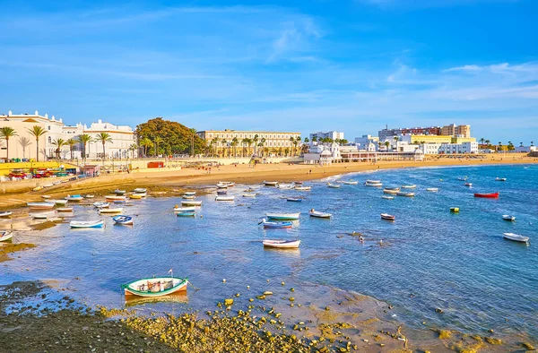 Nízký Příliv Přístavu Caleta Několika Rybářskými Čluny Stojící Mělčině Cádiz — Stock fotografie